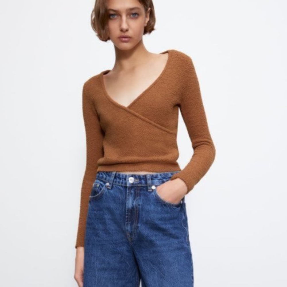 Zara Textured Wrap Front V-Neck Sweater